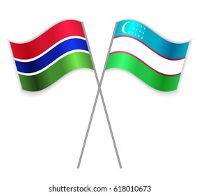 Gambian and Uzbek crossed flags. Gambia combined with Uzbekistan isolated on white. Language learning, international business or travel concept.
