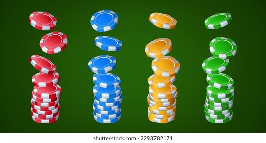 Gamble casino falling poker chips stack vector set. Plastic blue, green, red and yellow blackjack gambling money 3d realistic illustration. Isolated color blank playing currency for roulette design