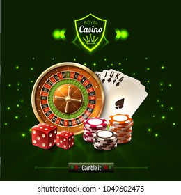 Gamble it casino realistic composition with dice playing cards roulette and chips vector illustration