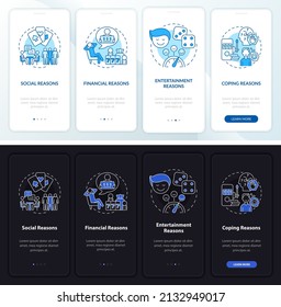 Gamble causes night and day mode onboarding mobile app screen. Psychology walkthrough 4 steps graphic instructions pages with linear concepts. UI, UX, GUI template. Myriad Pro-Bold, Regular fonts used