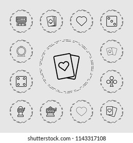 Gamble icon. collection of 13 gamble outline icons such as playing card, clubs, hearts, slot machine, dice, spades, slot machine. editable gamble icons for web and mobile.