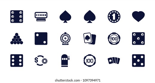 Gamble icon. collection of 18 gamble filled icons such as spades, 100 casino chip, dice, roulette, biliard triangle, pllaying card. editable gamble icons for web and mobile.