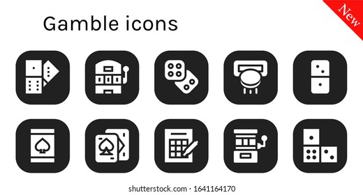 gamble icon set. 10 filled gamble icons.  Simple modern icons such as: Domino, Slot machine, Dice, Dominoes, Online gambling, Playing cards, Bingo
