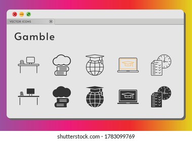 gamble icon set. included cloud library, desktop, student, laptop, test, school icons on white background. linear, filled styles.