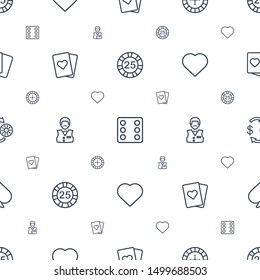 gamble icons pattern seamless white background. Included editable outline casino chip, Dice, Roulette, playing card, Casino boy, Hearts icons. gamble icons for web and mobile.