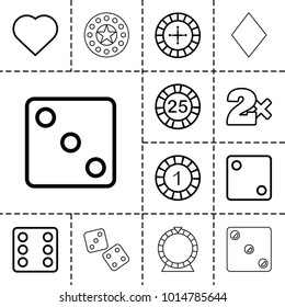 Gamble icons. set of 13 editable outline gamble icons such as hearts, roulette, 1 casino chip, 25 casino chip, dice, diamonds