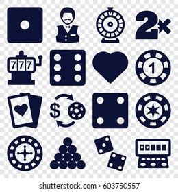 Gamble icons set. set of 16 gamble filled icons such as Hearts, Roulette, Slot machine, Casino chip and money, Dice, Casino bet, Casino boy, playing card, dice