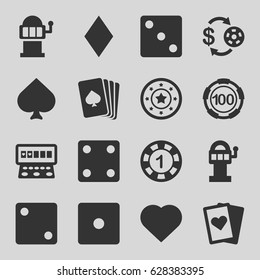 Gamble icons set. set of 16 gamble filled icons such as pllaying card, Spades, Hearts, Diamonds, Casino chip and money, Dice, Slot machine, playing card
