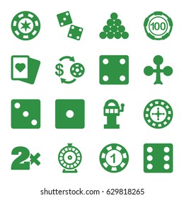 Gamble icons set. set of 16 gamble filled icons such as clubs, roulette, casino chip and money, 1 casino chip, dice, spades, dice, slot machine