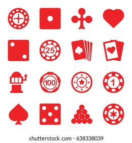 Gamble icons set. set of 16 gamble filled icons such as pllaying card, spades, clubs, hearts, roulette, 1 casino chip, 25 casino chip, dice, slot machine, playing card