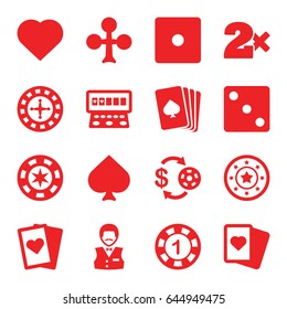 Gamble icons set. set of 16 gamble filled icons such as pllaying card, spades, clubs, hearts, roulette, casino chip and money, 1 casino chip, dice, slot machine