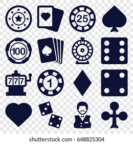 Iconos de juego establecidos. juego de 16 íconos cargados de juegos como tarjeta de juego, espadas, palos, corazones, diamantes, máquina tragamonedas, 1 ficha de casino, 25 fichas de casino, dados, ruleta