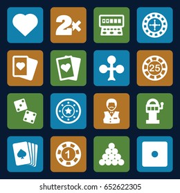 Gamble icons set. set of 16 gamble filled icons such as pllaying card, clubs, hearts, roulette, 1 casino chip, 25 casino chip, dice, spades, slot machine, playing card, dice