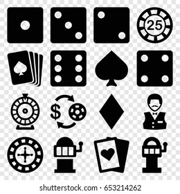 Gamble icons set. set of 16 gamble filled icons such as pllaying card, spades, diamonds, roulette, casino chip and money, 25 casino chip, dice, casino boy, slot machine