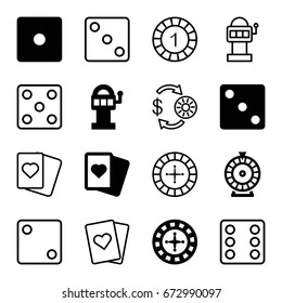 Gamble icons set. set of 16 gamble filled and outline icons such as roulette, dice, spades, casino chip and money, 1 casino chip, slot machine