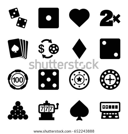 Gamble icons set. set of 16 gamble filled icons such as pllaying card, spades, hearts, diamonds, roulette, slot machine, casino chip and money, 100 casino chip, dice, dice