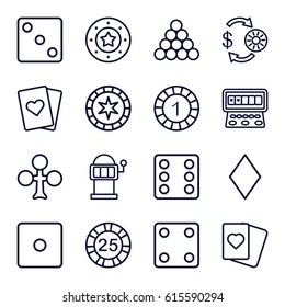 Gamble icons set. set of 16 gamble outline icons such as Clubs, Diamonds, Casino chip and money, Dice, Spades, Slot machine, playing card