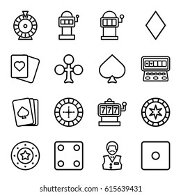 Gamble icons set. set of 16 gamble outline icons such as pllaying card, Spades, Clubs, Diamonds, Roulette, Slot machine, Casino chip, Dice, Casino boy, slot machine