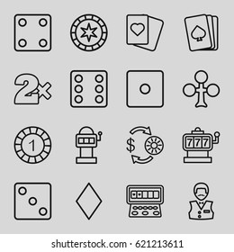 Gamble icons set. set of 16 gamble outline icons such as pllaying card, Clubs, Diamonds, Slot machine, Casino chip and money, Dice, Casino bet, Casino boy, Spades