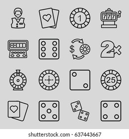 Gamble icons set. set of 16 gamble outline icons such as roulette, slot machine, casino chip and money, 1 casino chip, dice, spades, playing card