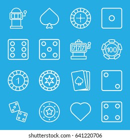Gamble icons set. set of 16 gamble outline icons such as pllaying card, spades, hearts, roulette, slot machine, 1 casino chip, 100 casino chip, dice