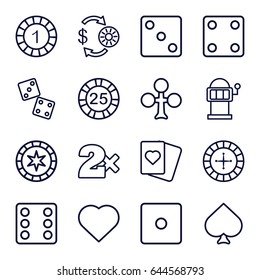 Gamble icons set. set of 16 gamble outline icons such as spades, clubs, hearts, roulette, casino chip and money, 1 casino chip, dice, slot machine