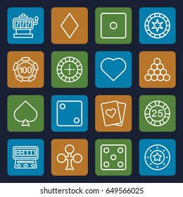 Gamble icons set. set of 16 gamble outline icons such as spades, clubs, hearts, diamonds, roulette, slot machine, 25 casino chip, 100 casino chip, dice, playing card