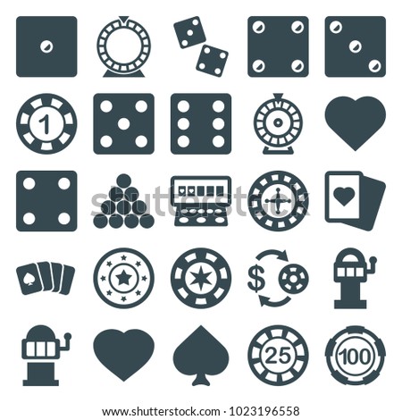 Gamble icons. set of 25 editable filled gamble icons such as spades, hearts, roulette, casino chip and money, 1 casino chip, dice, slot machine, dice, slot machine