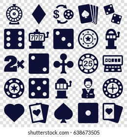 Gamble icons set. set of 25 gamble filled icons such as pllaying card, spades, clubs, hearts, diamonds, roulette, slot machine, casino chip and money, 25 casino chip, dice