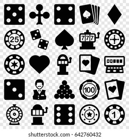 Gamble icons set. set of 25 gamble filled icons such as pllaying card, spades, clubs, hearts, diamonds, roulette, slot machine, 1 casino chip, 25 casino chip, dice