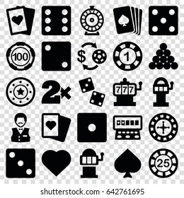 Gamble icons set. set of 25 gamble filled icons such as pllaying card, spades, hearts, roulette, slot machine, casino chip and money, 1 casino chip, dice, playing card, dice