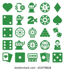 Gamble icons set. set of 25 gamble filled icons such as pllaying card, spades, hearts, diamonds, roulette, slot machine, casino chip and money, 1 casino chip, dice, dice