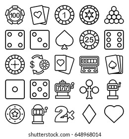 Gamble icons set. set of 25 gamble outline icons such as pllaying card, spades, clubs, hearts, diamonds, roulette, slot machine, casino chip and money, 1 casino chip, dice