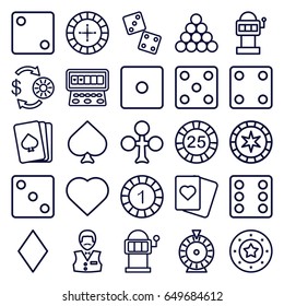 Gamble icons set. set of 25 gamble outline icons such as pllaying card, spades, clubs, hearts, diamonds, roulette, casino chip and money, 1 casino chip, dice, slot machine