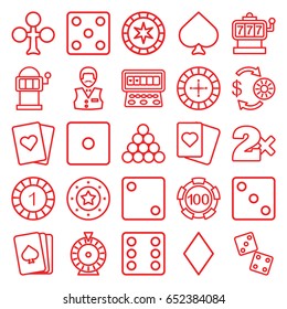 Gamble icons set. set of 25 gamble outline icons such as pllaying card, spades, clubs, diamonds, roulette, slot machine, casino chip and money, 1 casino chip, dice