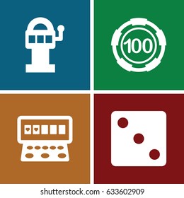 Gamble icons set. set of 4 gamble filled icons such as 100 casino chip, dice, slot machine