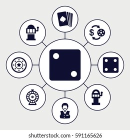 gamble icons set. Set of 9 gamble filled icons such as pllaying card, Casino chip and money, Casino chip, Dice, Roulette, Casino boy, Slot machine