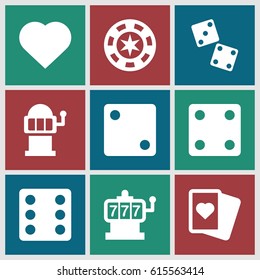 Gamble icons set. set of 9 gamble filled icons such as Hearts, Slot machine, Dice, Spades, dice