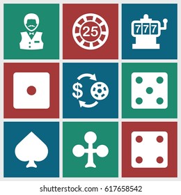 Gamble icons set. set of 9 gamble filled icons such as Spades, Clubs, Slot machine, Casino chip and money, 25 casino chip, Dice