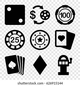 Gamble icons set. set of 9 gamble filled icons such as pllaying card, Diamonds, Casino chip and money, Dice, Spades