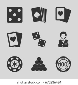 Gamble icons set. set of 9 gamble filled icons such as pllaying card, 100 casino chip, dice, casino boy, spades, playing card, dice, biliard triangle