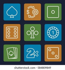 gamble icons set. Set of 9 gamble outline icons such as pllaying card, Spades, Clubs, Casino chip and money, 1 casino chip, Dice