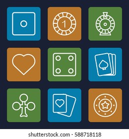 gamble icons set. Set of 9 gamble outline icons such as pllaying card, Clubs, Hearts, 1 casino chip, Casino chip, Dice, Roulette
