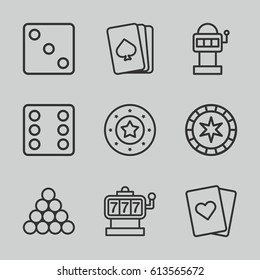 Gamble icons set. set of 9 gamble outline icons such as pllaying card, Slot machine, Casino chip, Dice, playing card, slot machine, biliard triangle