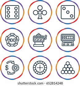 Gamble icons set. set of 9 gamble outline icons such as clubs, roulette, slot machine, casino chip and money, 100 casino chip, dice
