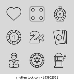 Gamble icons set. set of 9 gamble outline icons such as pllaying card, hearts, 1 casino chip, dice, casino bet, roulette