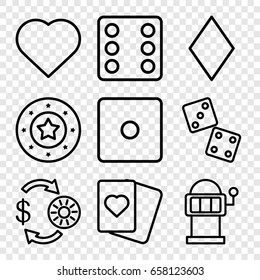 Gamble icons set. set of 9 gamble outline icons such as hearts, diamonds, casino chip and money, casino chip, dice, spades, slot machine