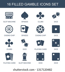 gamble icons. Trendy 16 gamble icons. Contain icons such as Slot machine, Spades, Clubs, dice, Casino chip, casino chip, Dice, playing card. gamble icon for web and mobile.