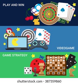 Gamble online casino video game console play flat web site vector gambling concept. Roulette poker card chess checkers domino bowling billiards achievement strategy chip.