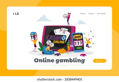 Gamble Player Addiction Landing Page Template. Characters Playing Gambling Games in Online Casino Win Jackpot Money Prize on Virtual Slot Machine and Poker. Cartoon People Vector Illustration